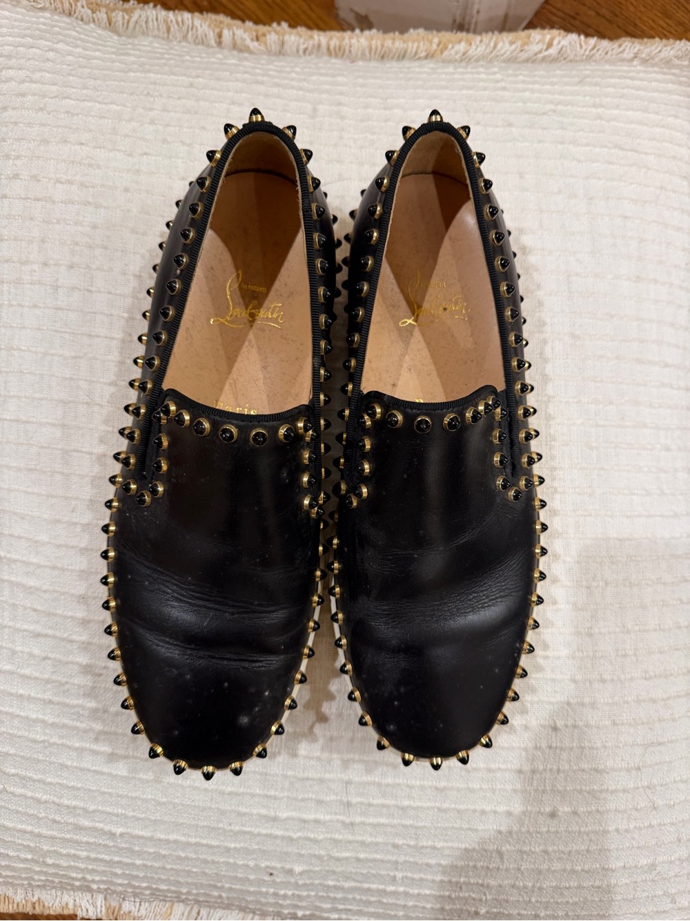Christian Louboutin Black Leather Studded Slip-On Loafers - Picture 3 of 6